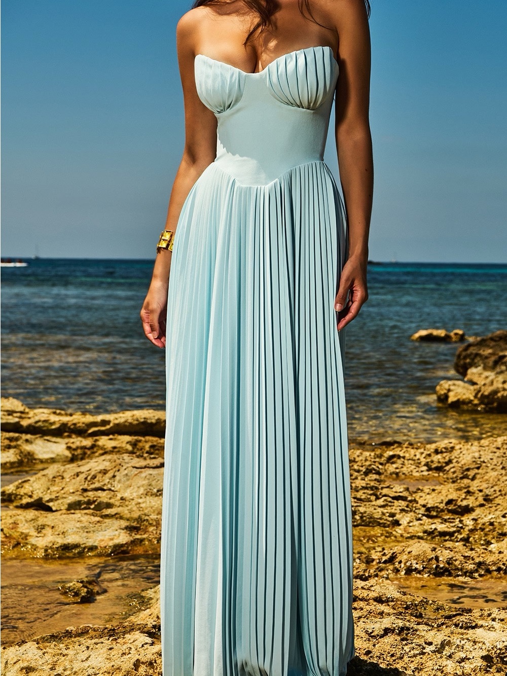 House of CB Strapless Pleated Maxi Dress in Light Blue